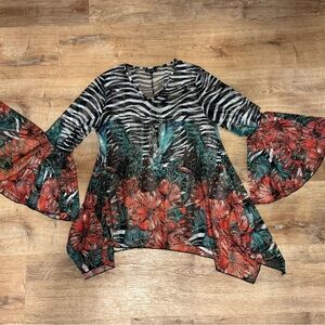 Dor Dor Couture Mesh Bell Sleeve Cover Up Zebra Floral Tunic L Whimsigoth Artsy